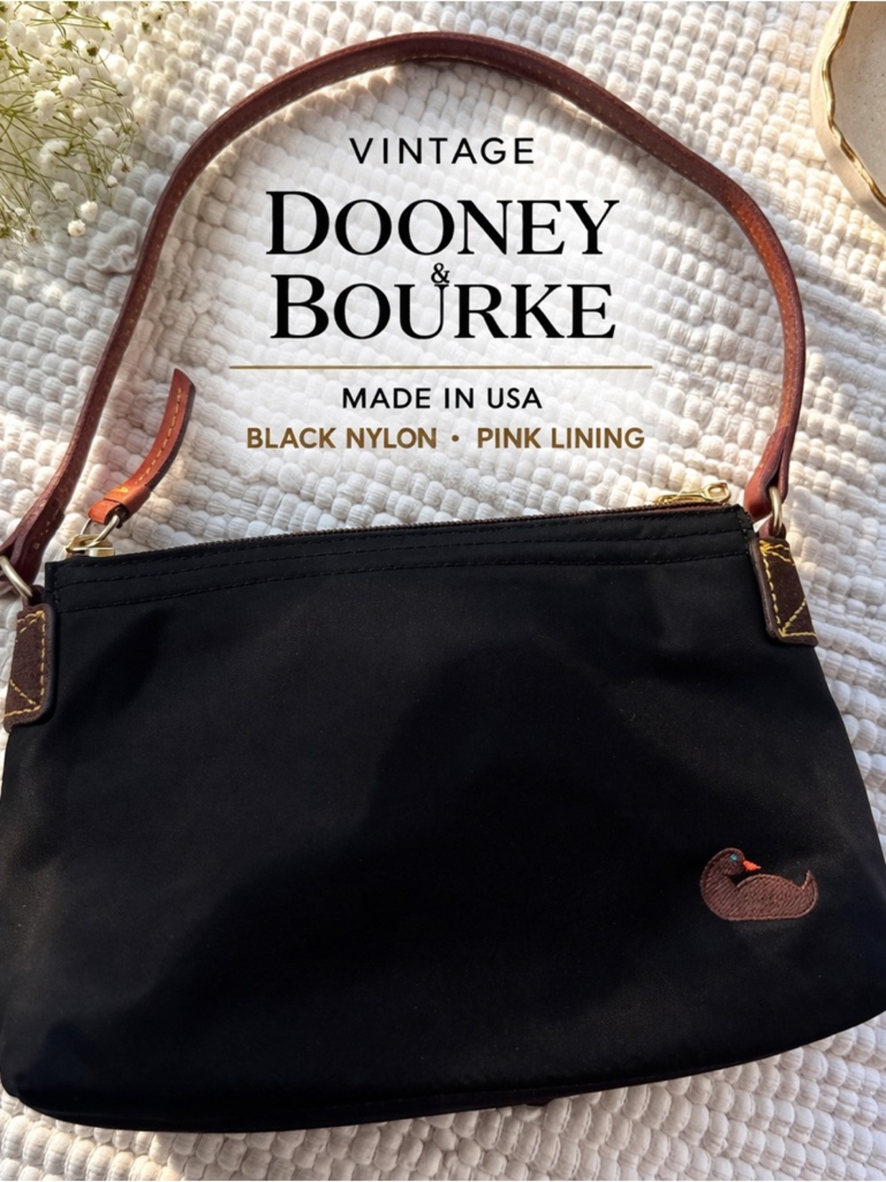 Vintage Dooney & Bourke Nylon Shoulder Bag Black Pink Lining USA